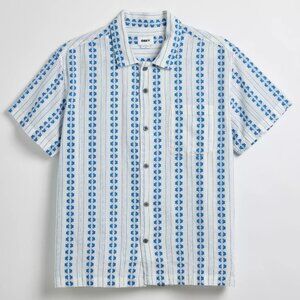 OBEY Harmony Woven Shirt short sleeve mens medium blue/white cropped camp collar